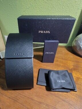 Prada Saffiano Black Leather Sunglass Case with Box & Cleaning Cloth